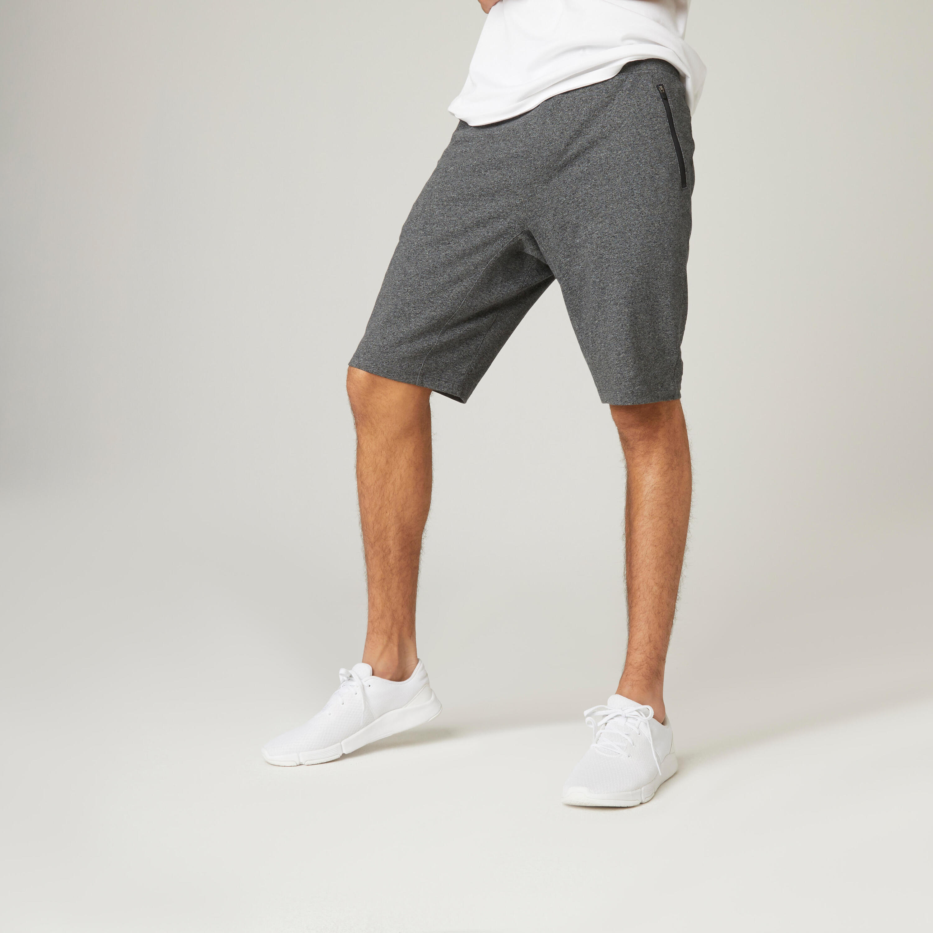 Fitness Long Slim-Fit Stretch Cotton Shorts with Zip Pockets - Dark Grey 1/7