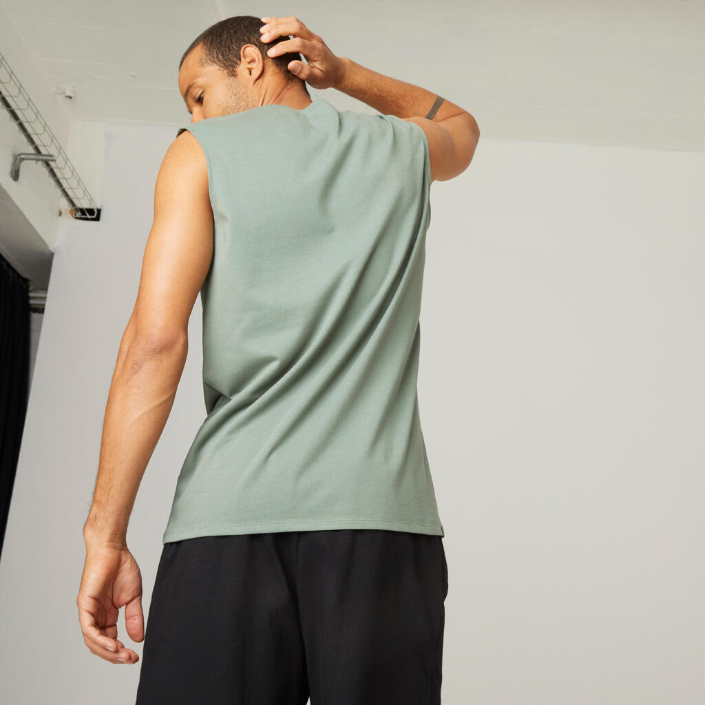 Men's Crew Neck Straight-Cut Cotton Fitness Tank Top 500 - Green With Pattern