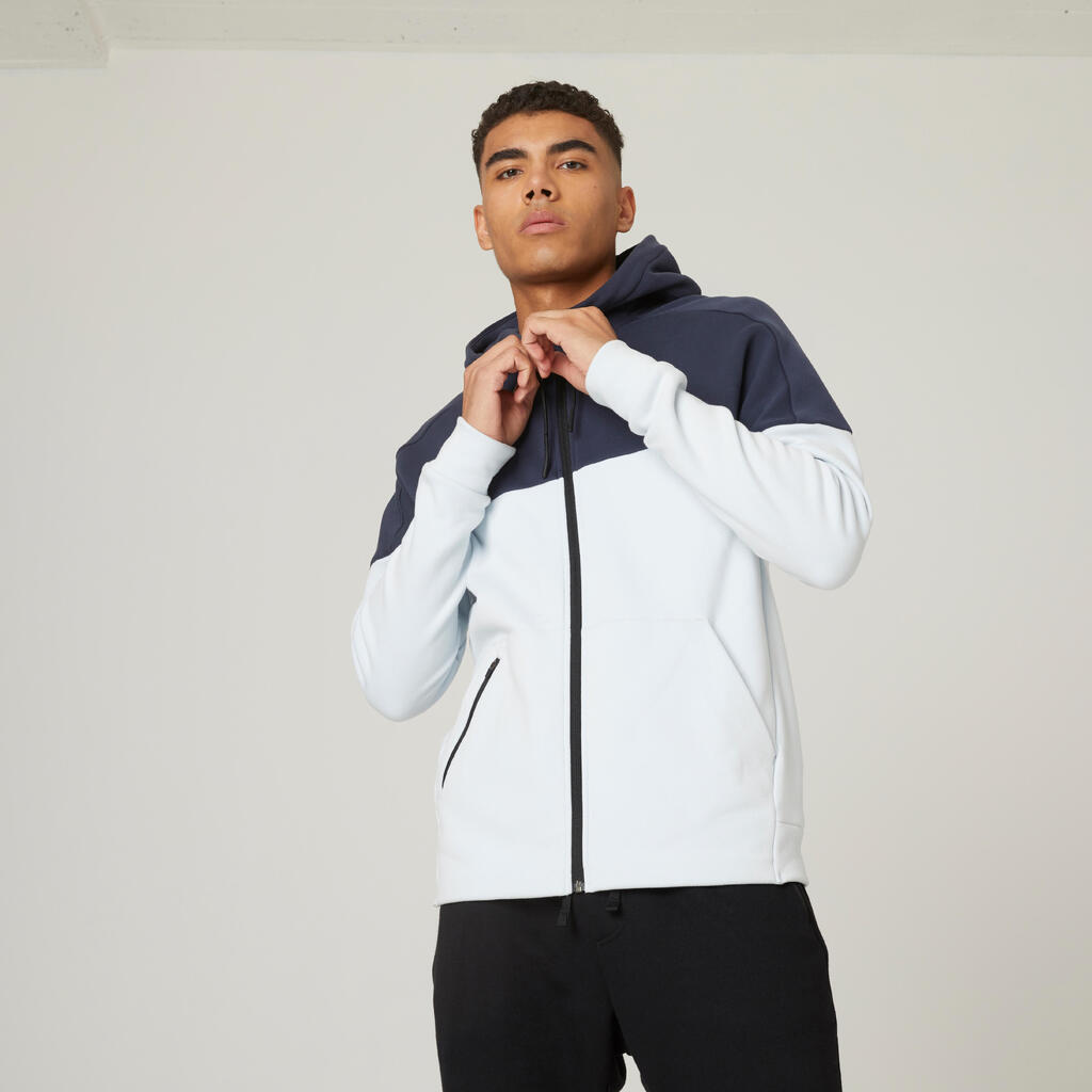 Men's zip-up fitness hoodie 520 - mist grey/dark blue