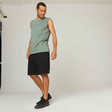 Men's Crew Neck Straight-Cut Cotton Fitness Tank Top 500 - Green With Pattern