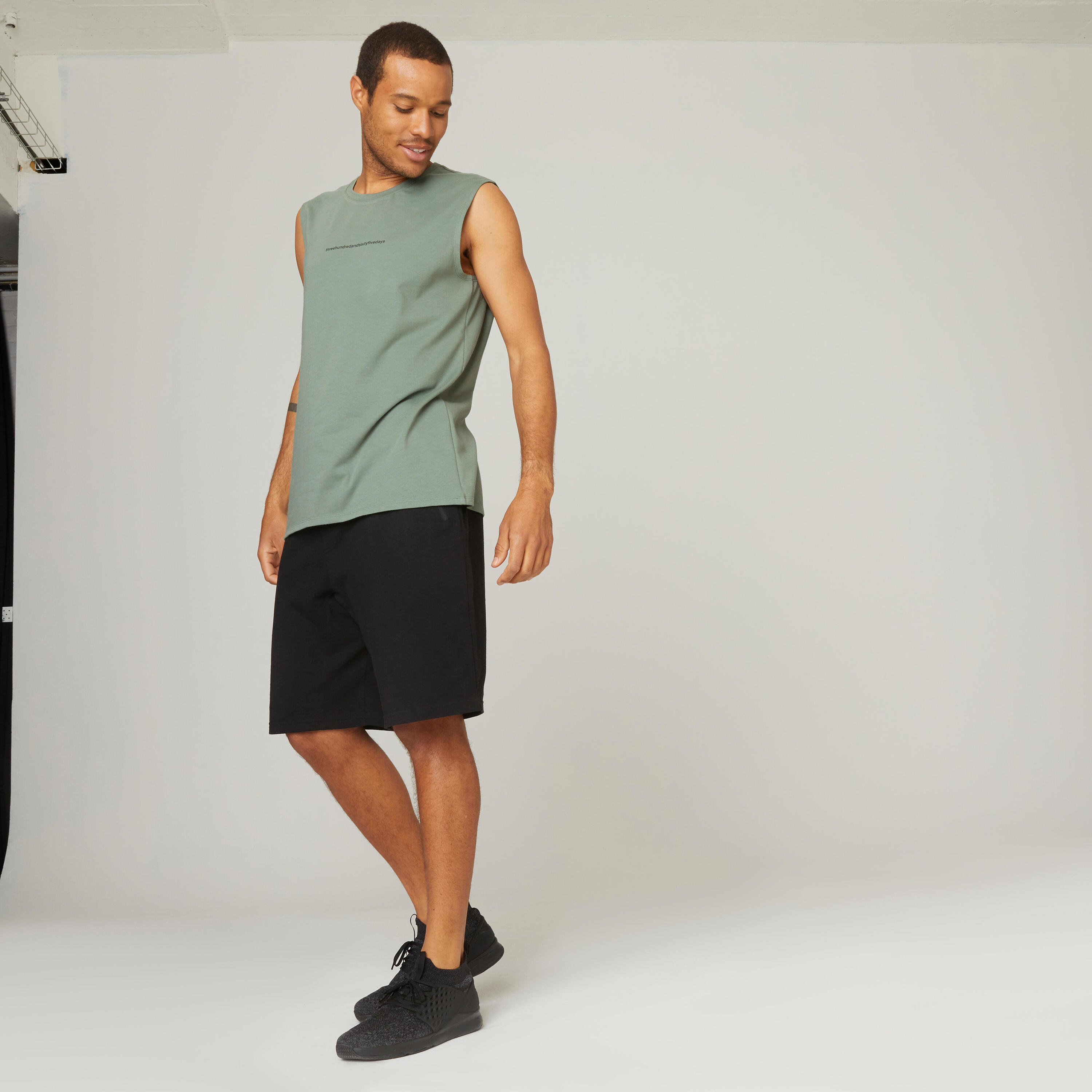 Men's Crew Neck Straight-Cut Cotton Fitness Tank Top 500 - Green With Pattern 3/6