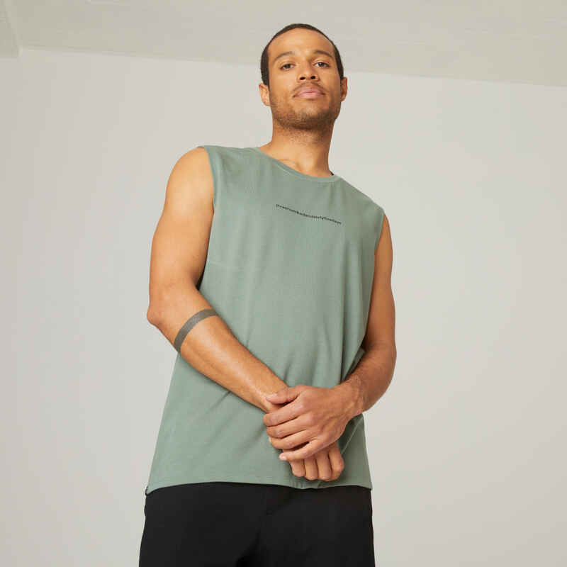 Tank-Shirt Fitness gerade 500 Rundhals Baumwolle Herren grün mit Motiv