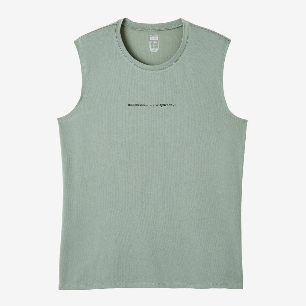 Men's Crew Neck Straight-Cut Cotton Fitness Tank Top 500 - Green With Pattern