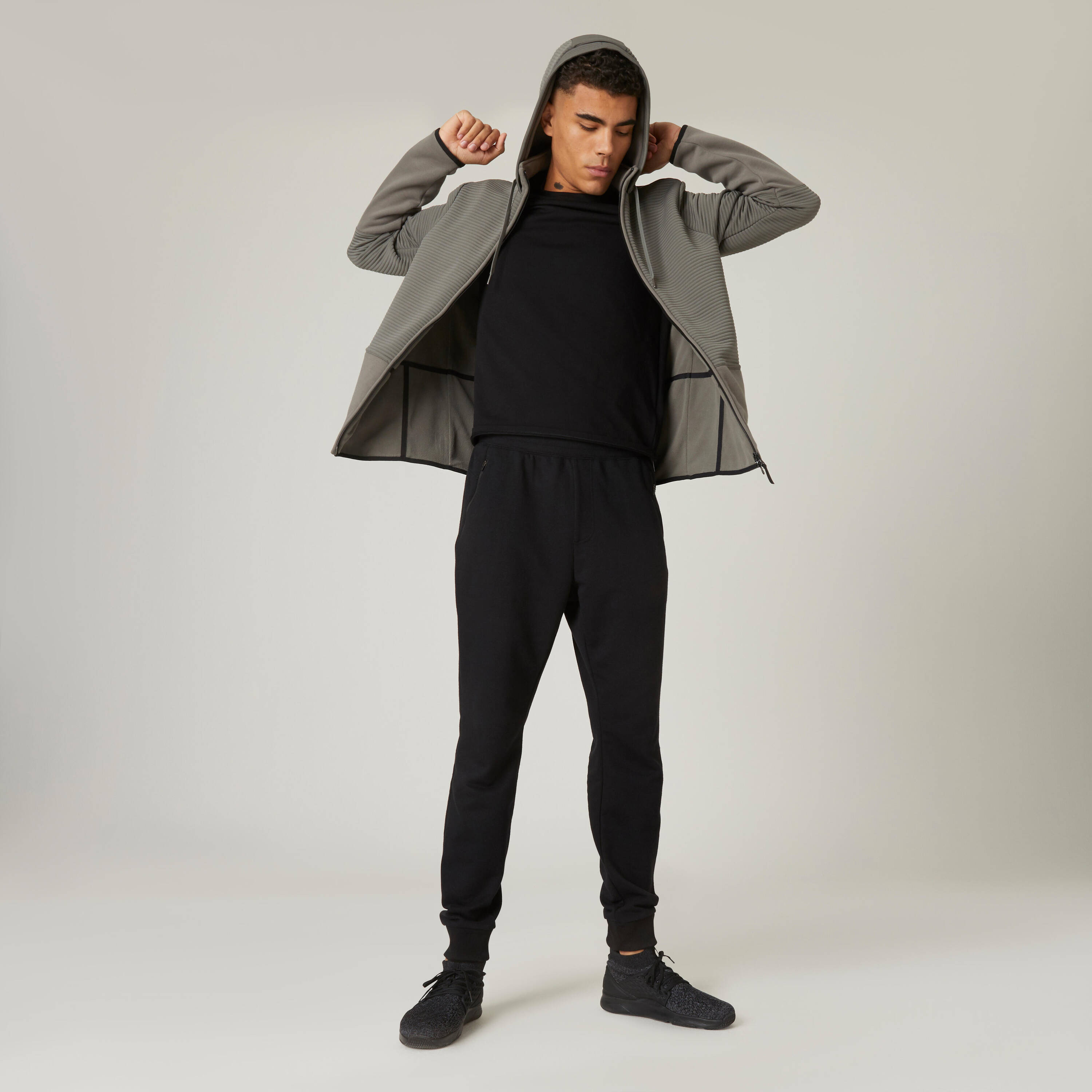 Men Sweatshirt With Hood and Zip Polar Fleece Lined For Gym 560-Khaki Grey -  3