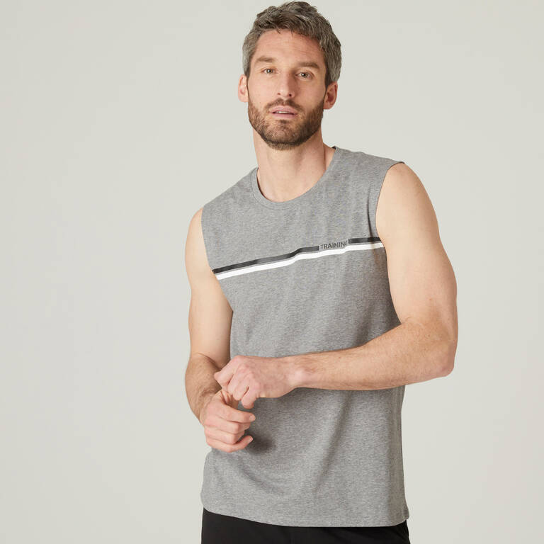 Men's Cotton Gym Tank Regular fit 500 - Grey with Pattern
