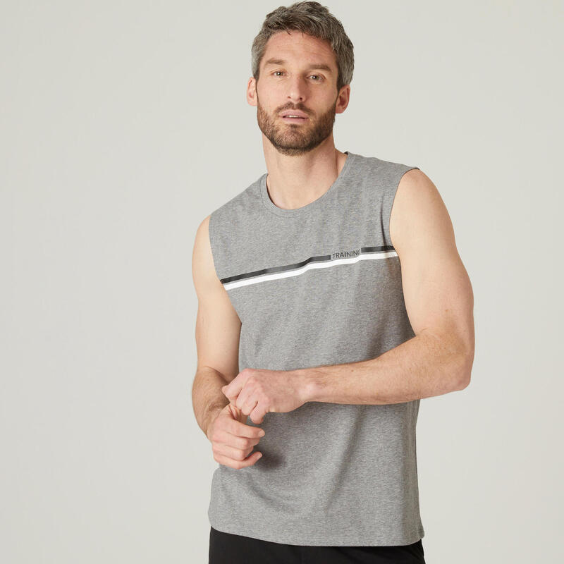 Mouwloos fitness shirt heren katoen model ronde hals met opdruk | DOMYOS | Decathlon.nl