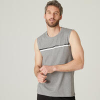 Men's Crew Neck Straight-Cut Cotton Fitness Tank Top 500 - Blue Grey With Pattern