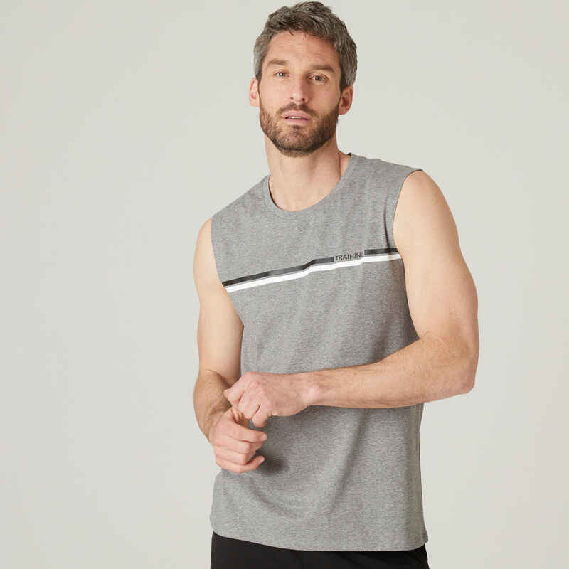 Tank-Shirt Fitness 500 Rundhals gerade Baumwolle Herren blau/grau mit Motiv Tank-Shirt Fitness 500 Rundhals gerade Baumwolle Herren blau/grau mit Motiv