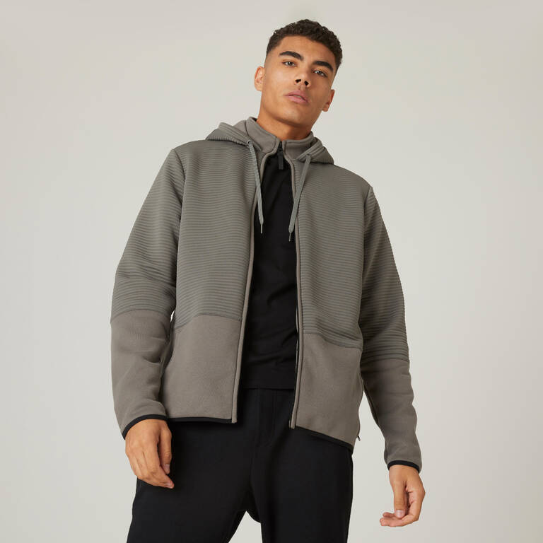 Men's Sweater Jacket With Hoodie 560 For Gym-Khaki Grey