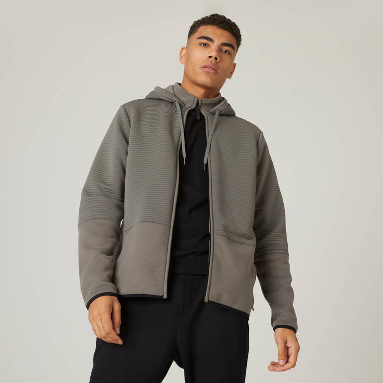 Men Sweatshirt With Hood and Zip Polar Fleece Lined For Gym 560-Khaki Grey