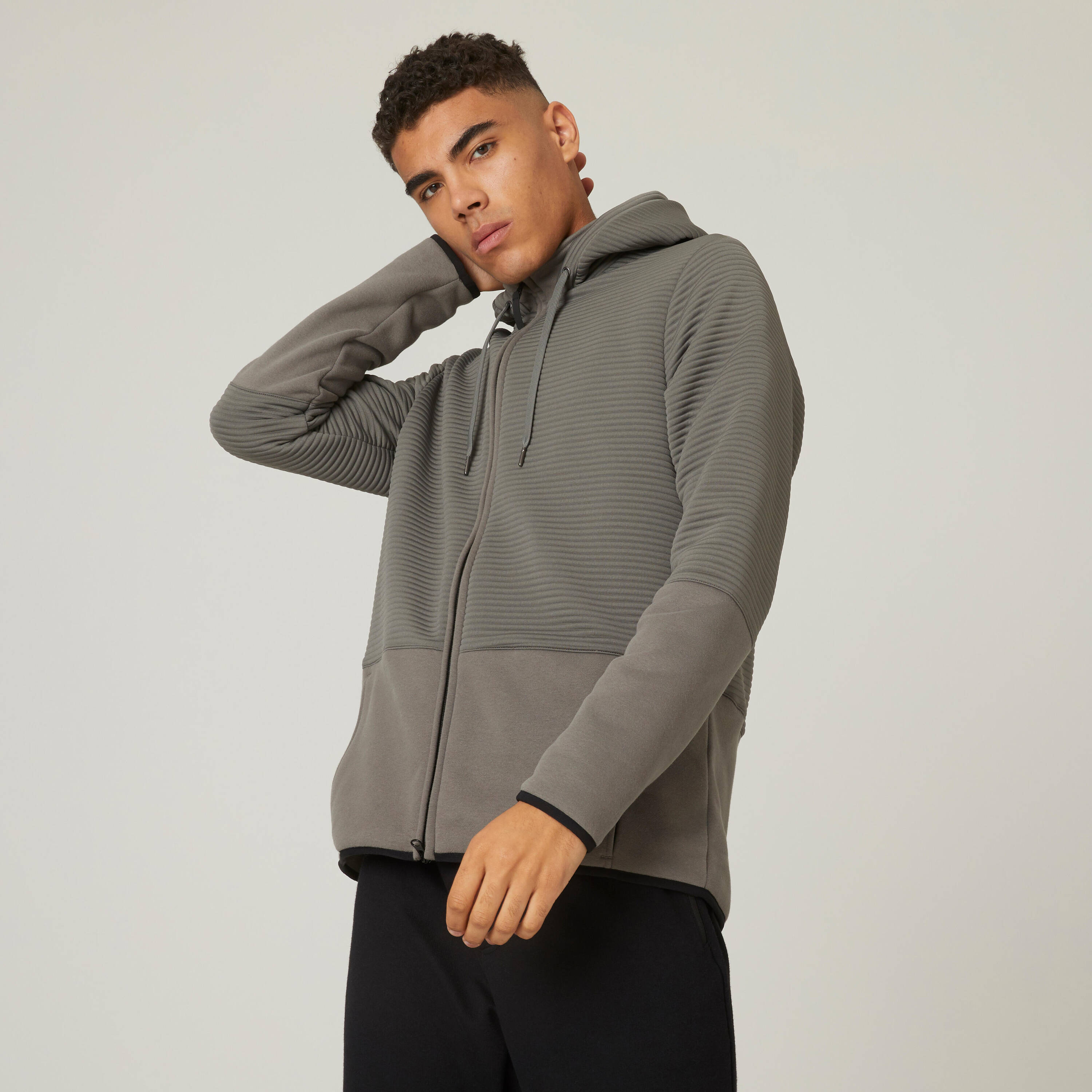 Men Sweatshirt With Hood and Zip Polar Fleece Lined For Gym 560-Khaki Grey -  4