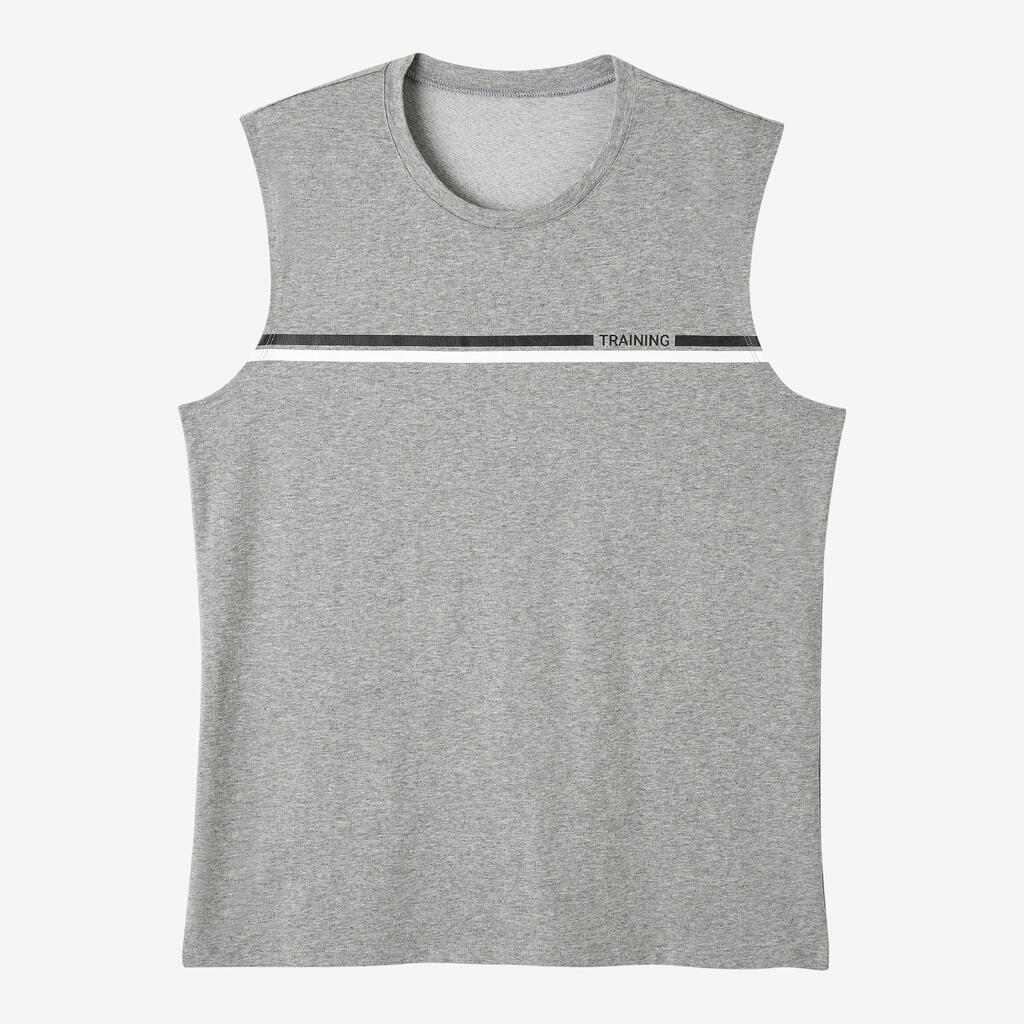 Men's Crew Neck Straight-Cut Cotton Fitness Tank Top 500 - Blue Grey With Pattern