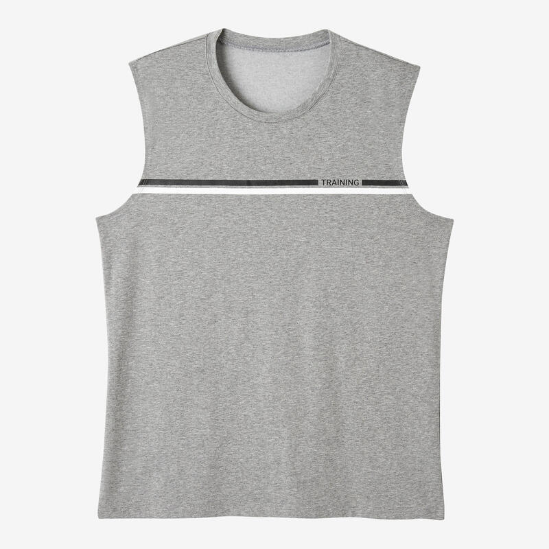 Mouwloos fitness shirt heren katoen recht model ronde hals 500 grijs met opdruk