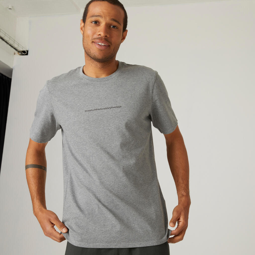 Men's short-sleeved straight-cut crew neck cotton fitness t-shirt 500 - blue/grey