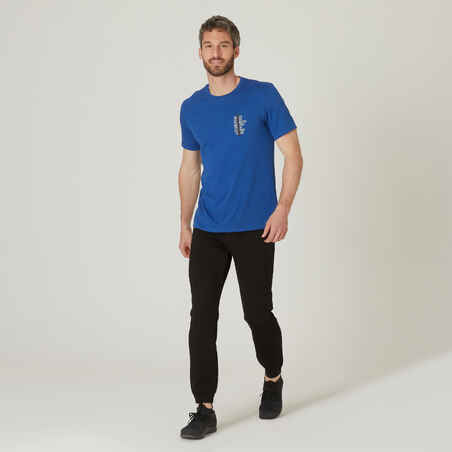 T-Shirt Fitness Baumwolle dehnbar 500 Herren blau Print 