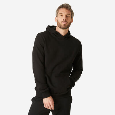Felpa uomo fitness 100 misto cotone pesante con cappuccio nera