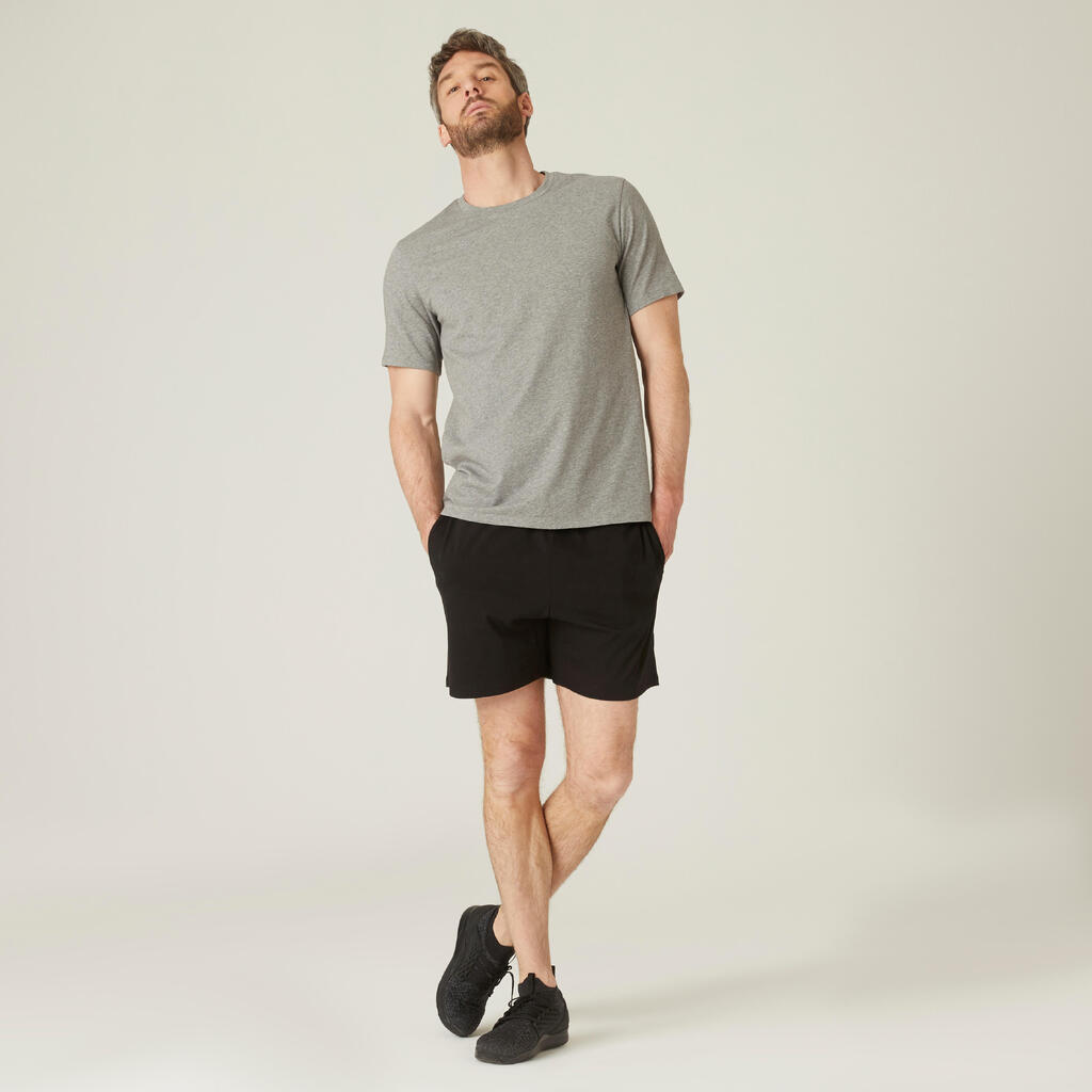 Men's Short Straight-Cut Cotton Fitness Shorts 100 With Pocket - Grey