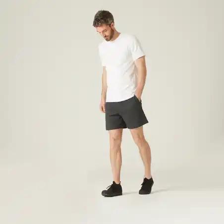 Men's Short Straight-Leg Cotton Fitness Shorts 100 With Pocket - Dark Grey