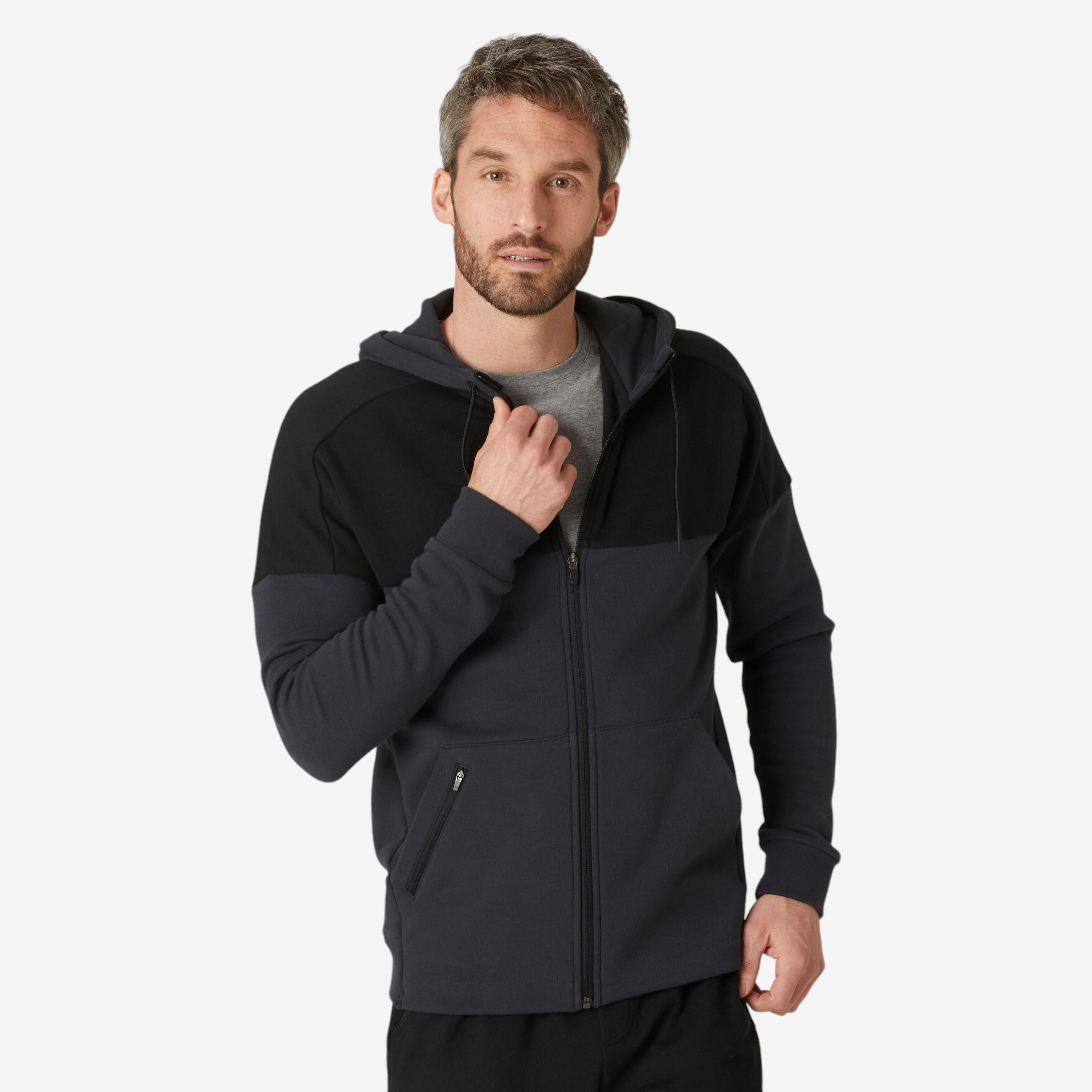 Felpa uomo fitness 520 misto cotone pesante con cappuccio e zip grigia  melange DOMYOS | DECATHLON