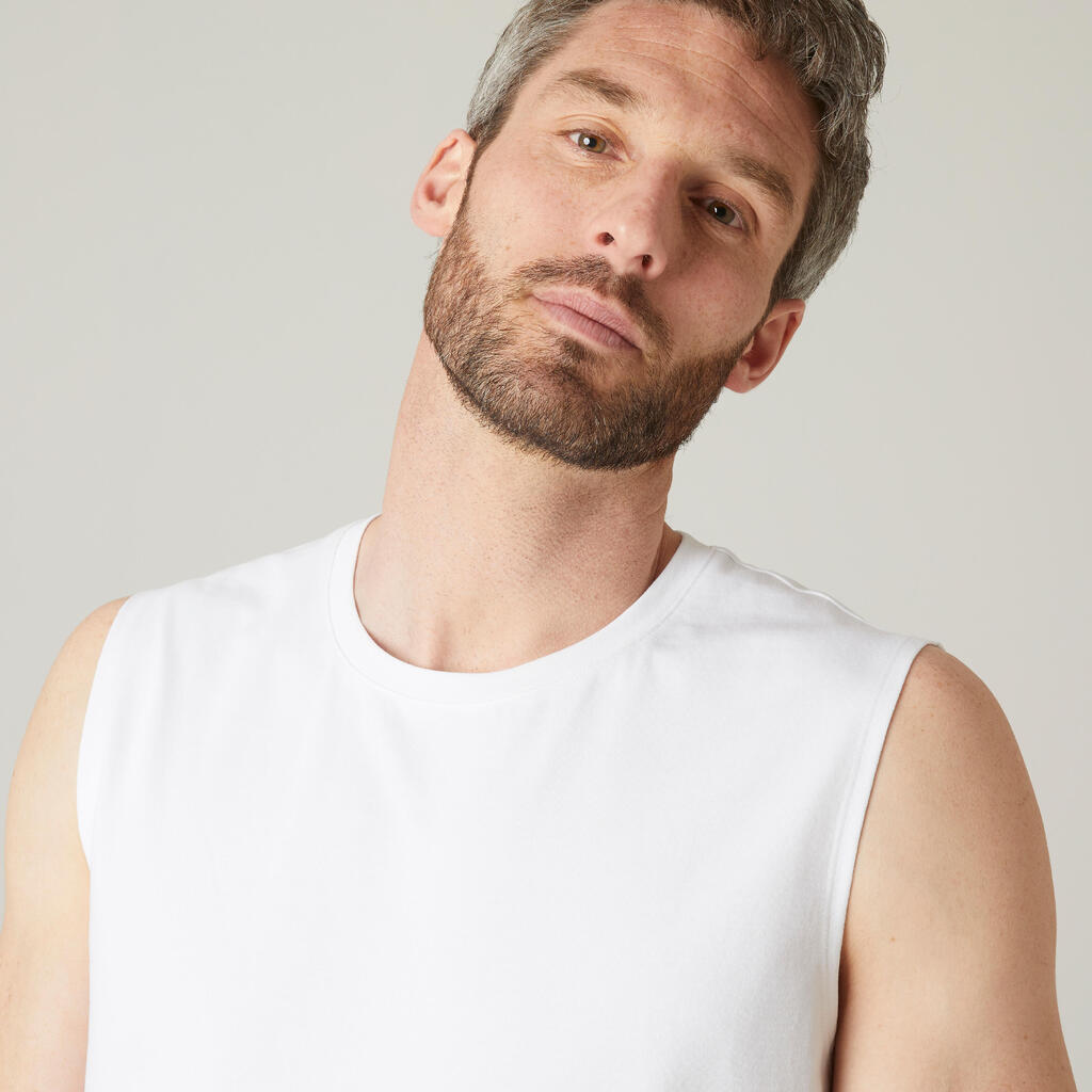 Men's Straight-Cut Crew Neck Cotton Fitness Tank Top 500 - White