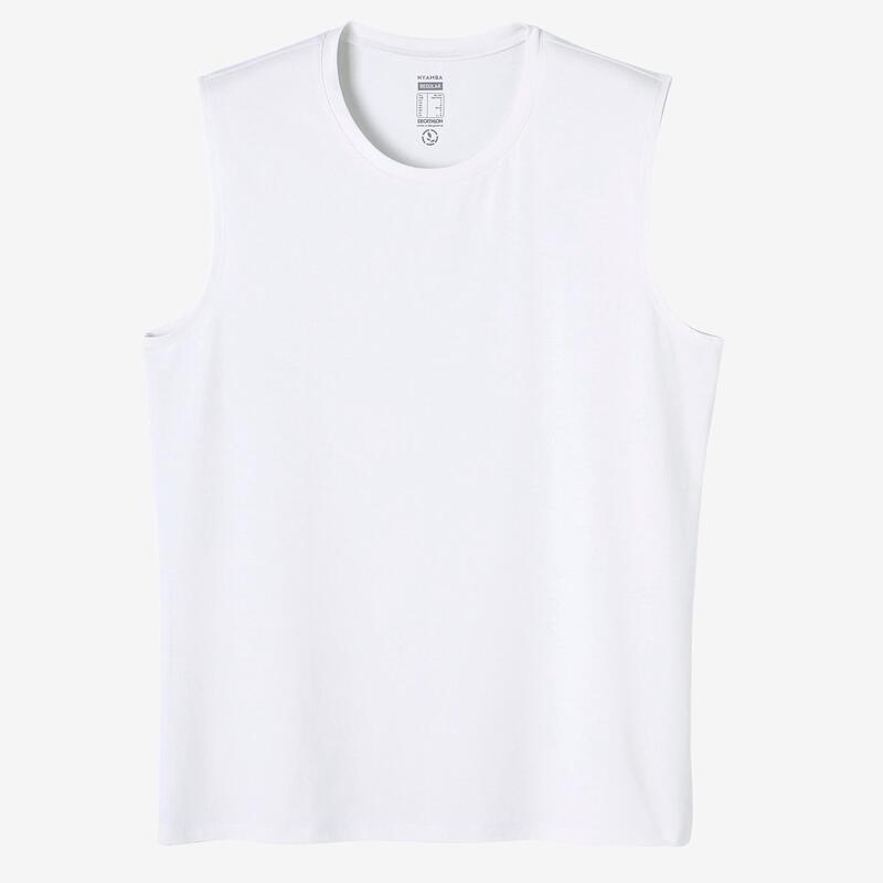 Camiseta fitness sin mangas cuello redondo algodón Hombre Domyos 500 blanco