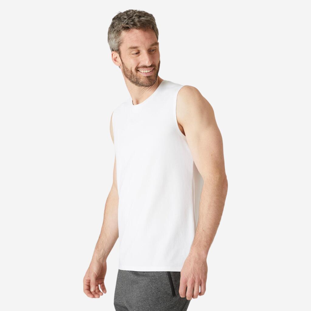 Men's Straight-Cut Crew Neck Cotton Fitness Tank Top 500 - White