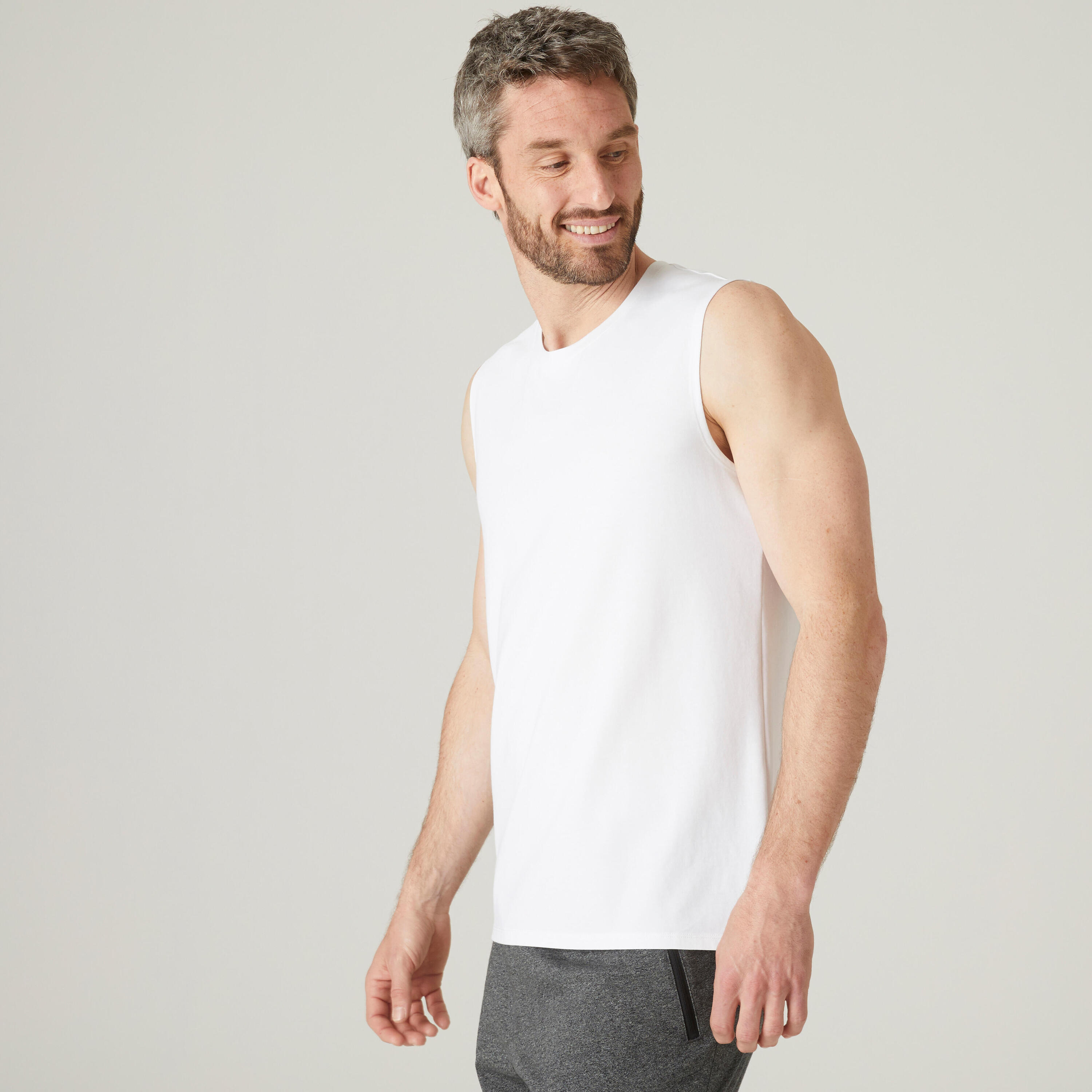 DOMYOS Men's Straight-Cut Crew Neck Cotton Fitness Tank Top 500 - White