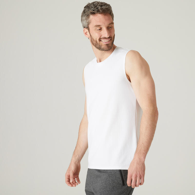 Camiseta fitness sin mangas cuello redondo algodón Hombre Domyos 500 blanco