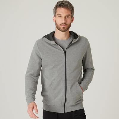 Lichte hoodie met rits heren ronde hals recht model met zak 100 steengrijs