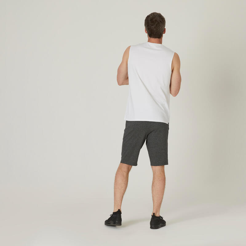 Mouwloos shirt voor fitnesss heren 500 katoen recht model ronde hals wit