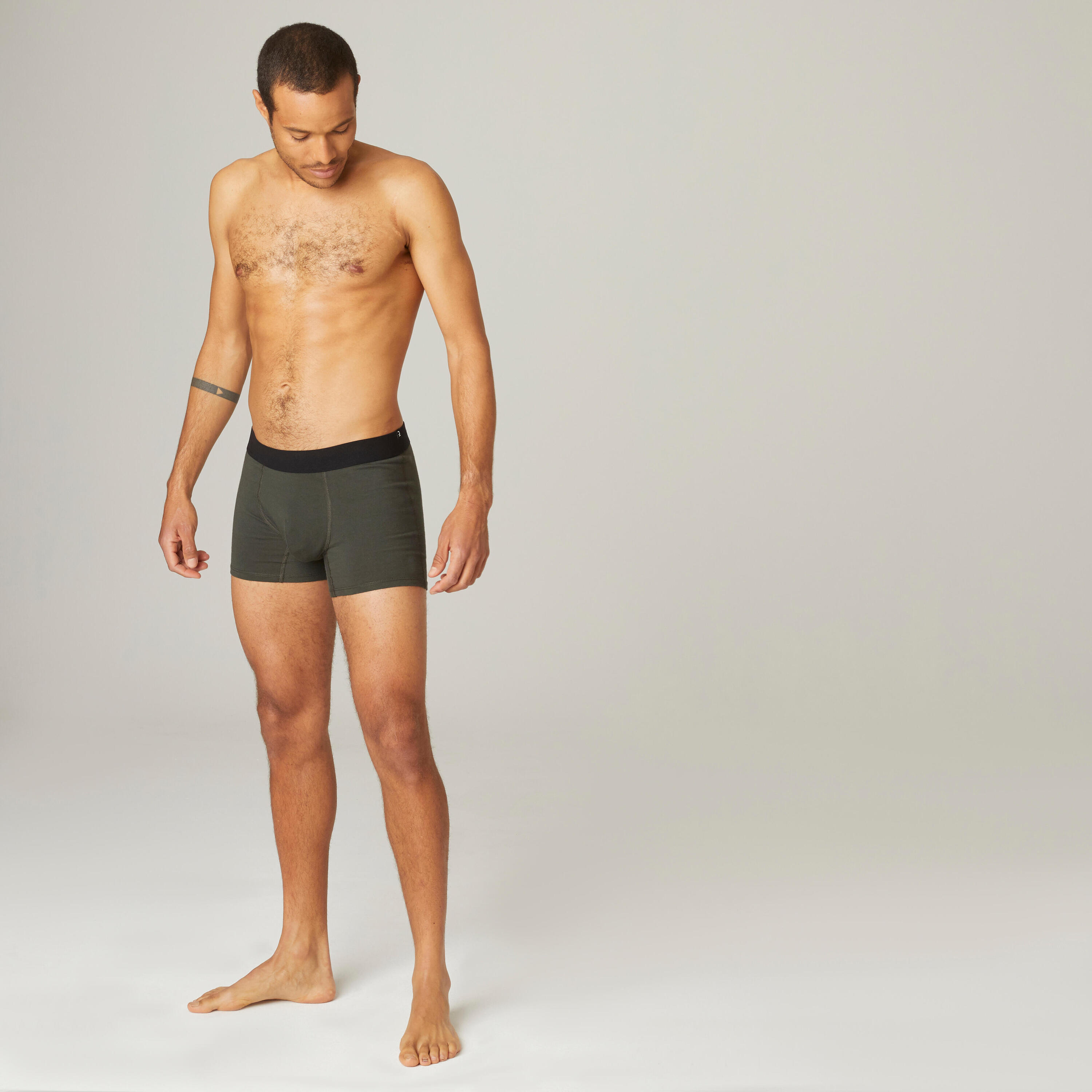 Men's Slim-Fit Cotton-Rich Fitness Boxer Shorts 500 - Dark Green 3/5