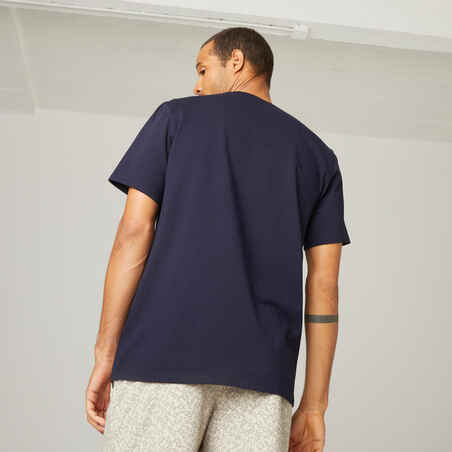 Men's Short-Sleeved Straight-Cut Crew Neck Cotton Fitness T-Shirt 500 - Blue/Black