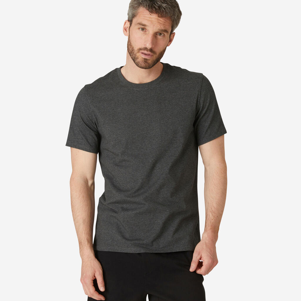 Men's short-sleeved straight-cut crew neck cotton fitness t-shirt 500 - grey