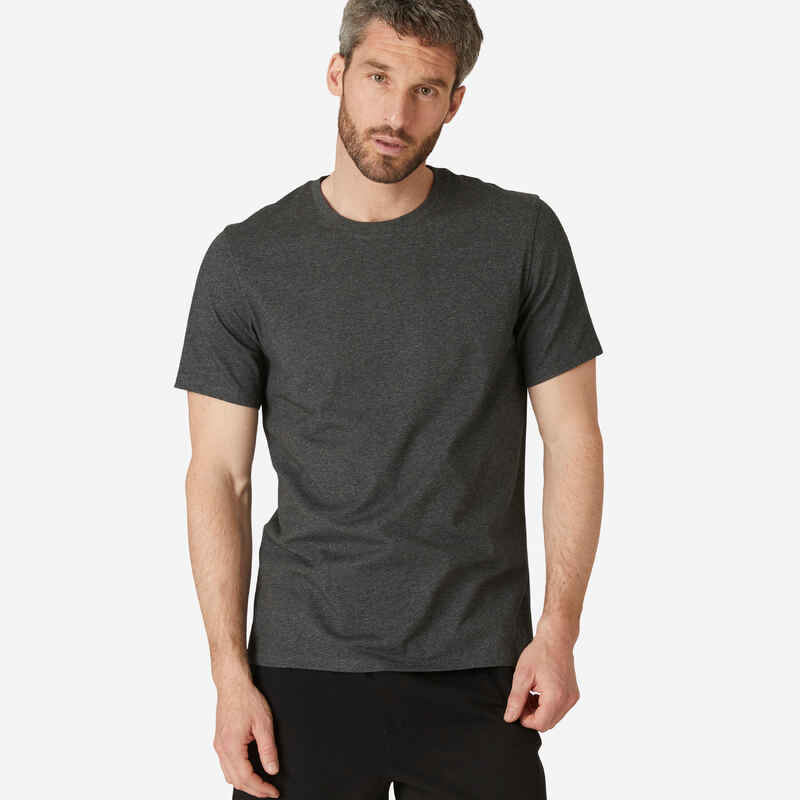 T-Shirt Fitness Baumwolle dehnbar Herren grau