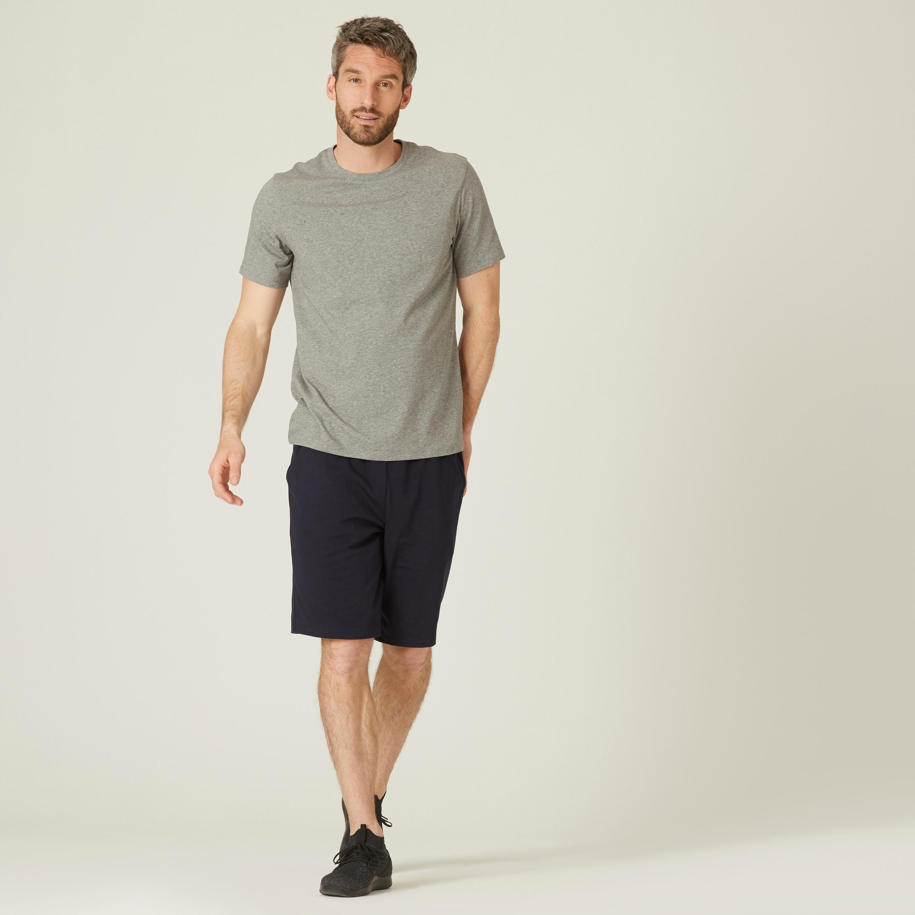 Men's Short-Sleeved Straight-Cut Crew Neck Cotton Fitness T-Shirt 500 Light Grey 3/21