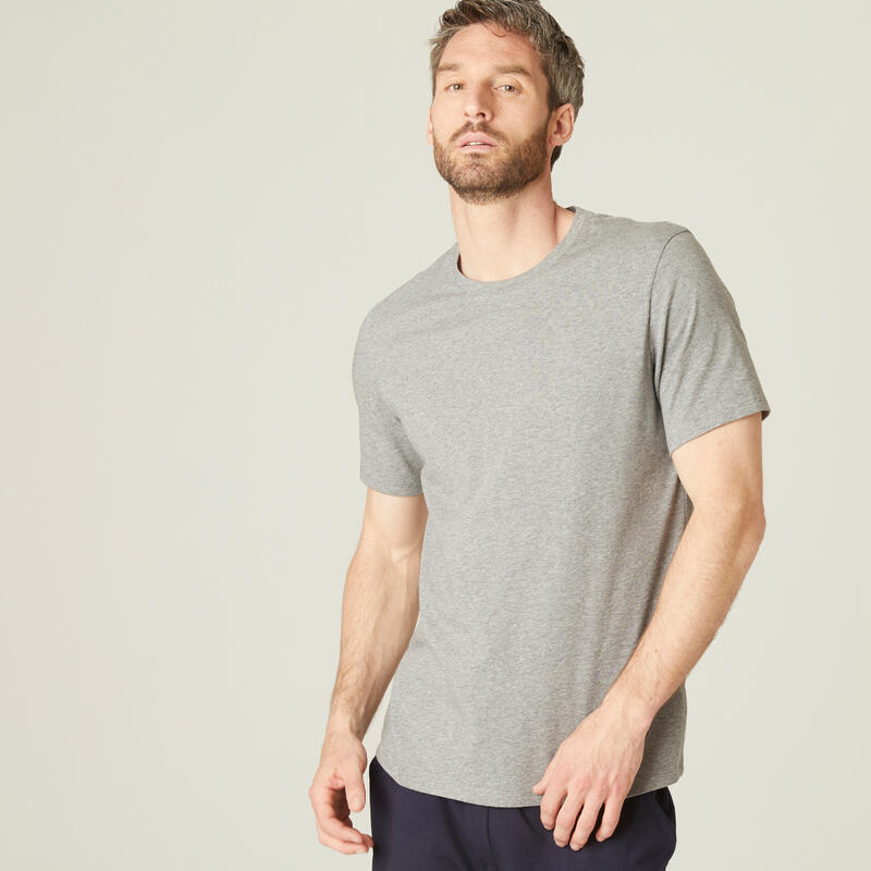 Camiseta fitness manga corta algodón extensible Hombre Domyos gris claro