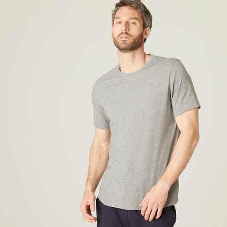 Men's Short-Sleeved Straight-Cut Crew Neck Cotton Fitness T-Shirt 500 Light Grey