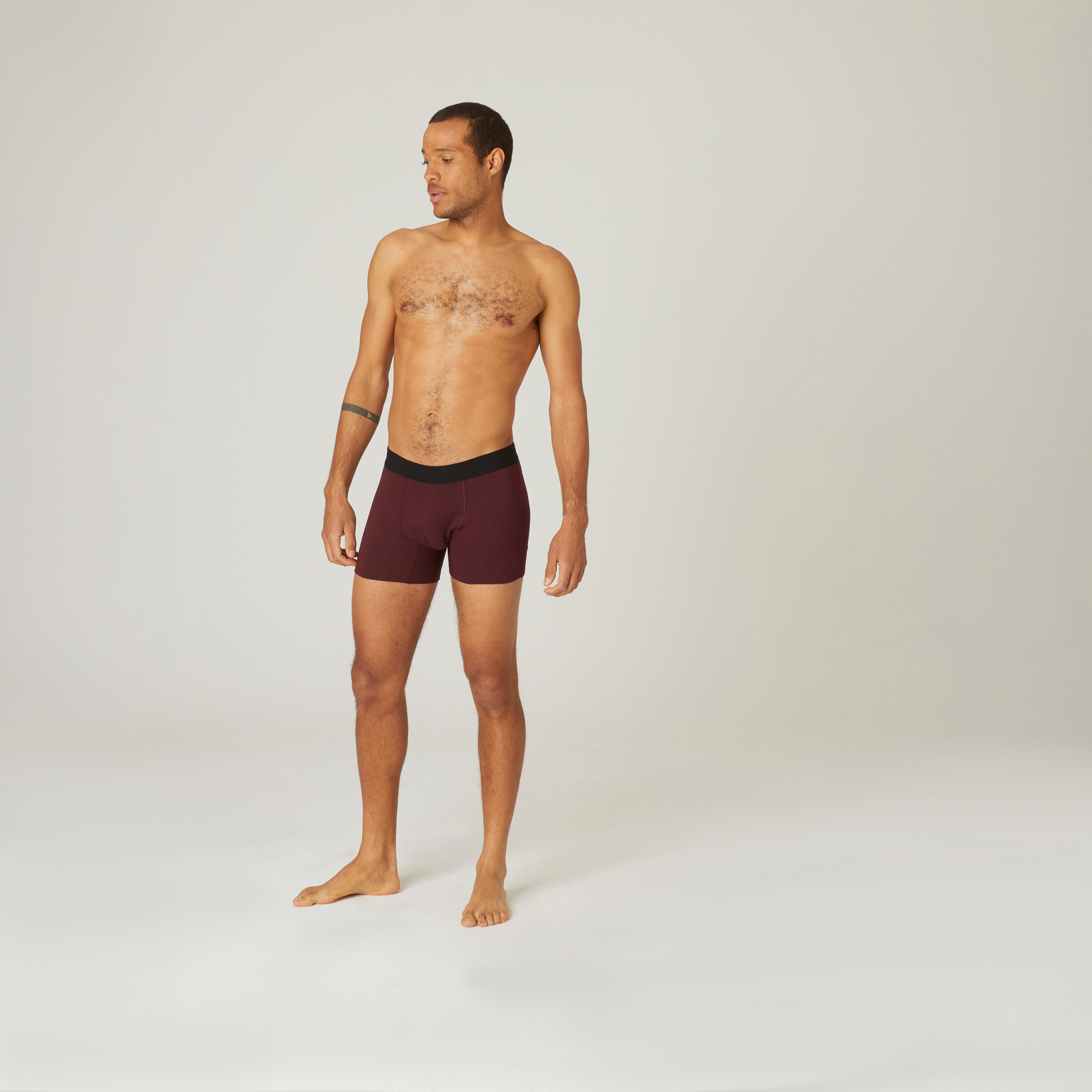 Men's Slim-Fit Cotton-Rich Fitness Boxer Shorts 500 - Burgundy 3/5
