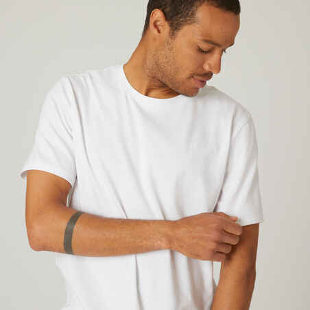 Men's Short-Sleeved Straight-Cut Crew Neck Cotton Fitness T-Shirt 500 - White