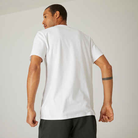 Men's Short-Sleeved Straight-Cut Crew Neck Cotton Fitness T-Shirt 500 - Glacier White