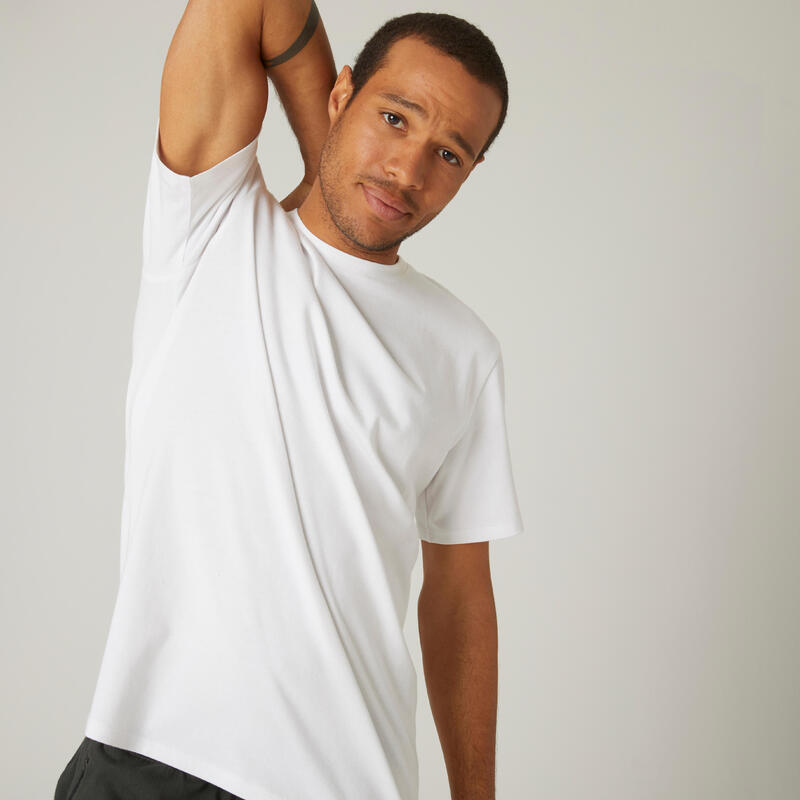 Camiseta fitness manga corta algodón extensible Hombre Domyos blanco