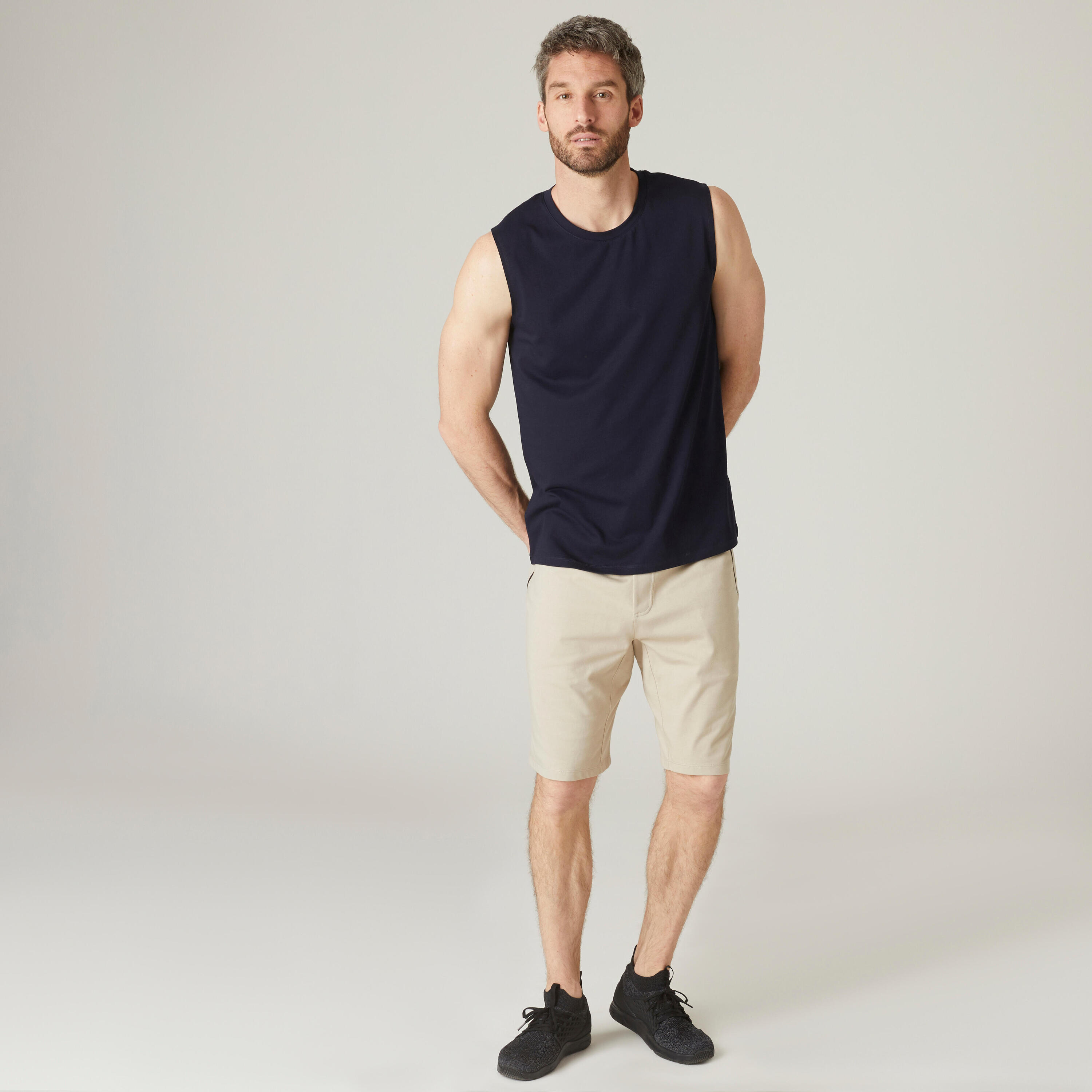 Men's Crew Neck Straight-Cut Cotton Fitness Tank Top 500 - Dark Blue  3/6