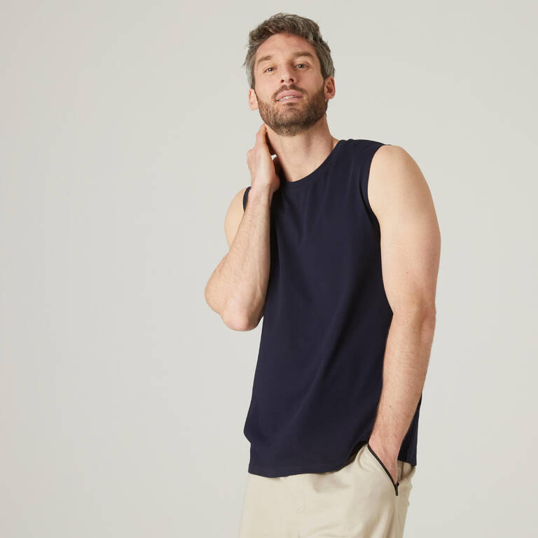 Men's Crew Neck Straight-Cut Cotton Fitness Tank Top 500 - Dark Blue 