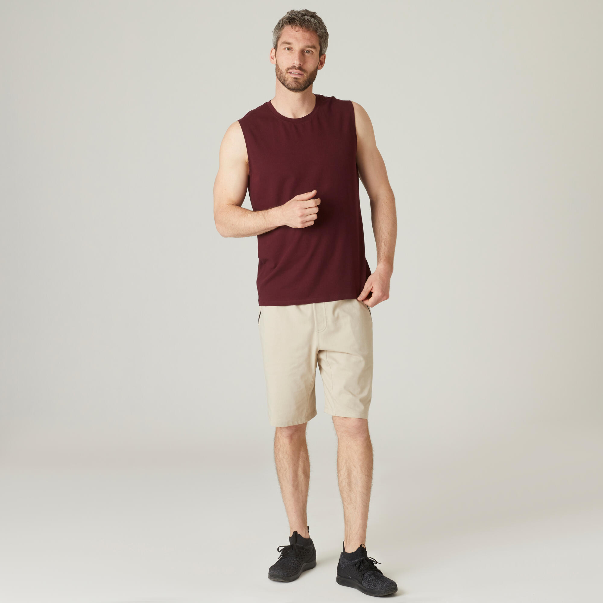 Men's Straight-Cut Crew Neck Cotton Fitness Tank Top 500 - Burgundy 3/6