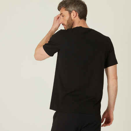 Men's Short-Sleeved Straight-Cut Crew Neck Cotton Fitness T-Shirt 500 - Black