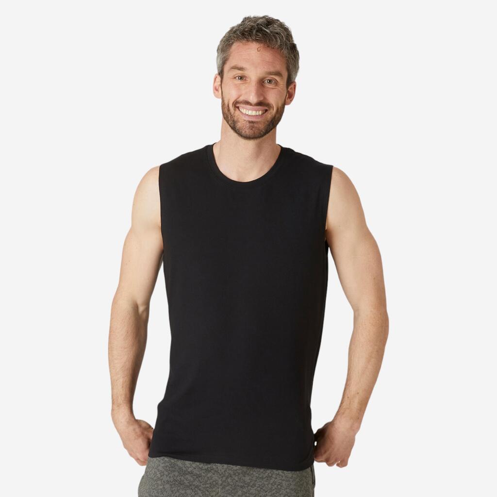 Men's Straight-Cut Crew Neck Cotton Fitness Tank Top 500 - Black