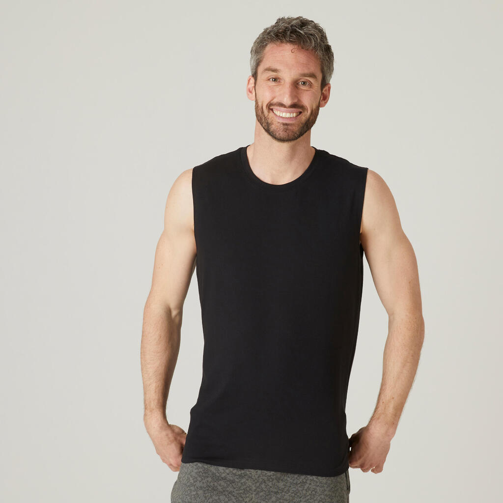 Men's Straight-Cut Crew Neck Cotton Fitness Tank Top 500 - Black