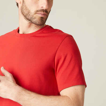 Men's Short-Sleeved Straight-Cut Crew Neck Cotton Fitness T-Shirt 500 Garnet Red