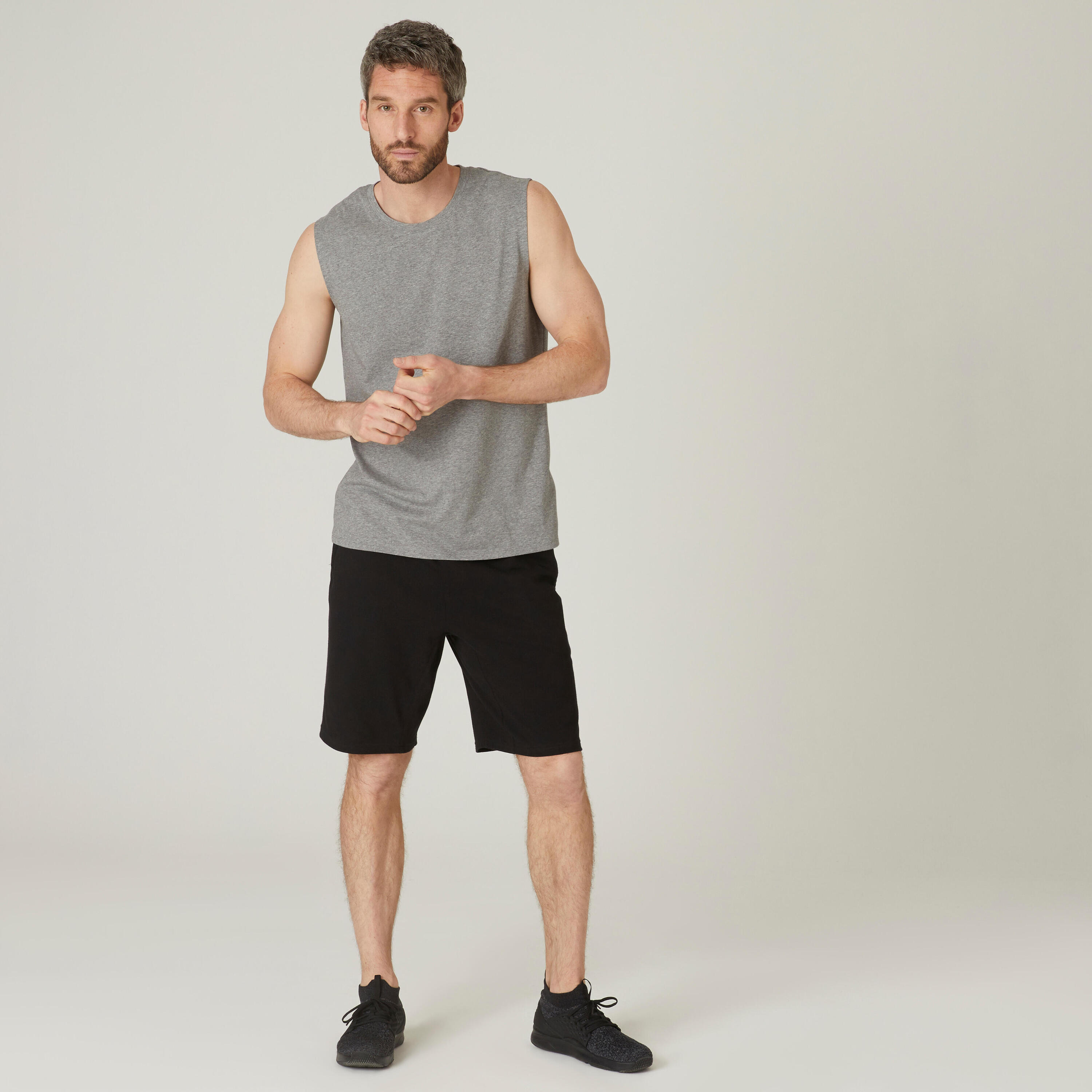 Men's Crew Neck Straight-Cut Cotton Fitness Tank Top 500 - Mottled Grey 3/6
