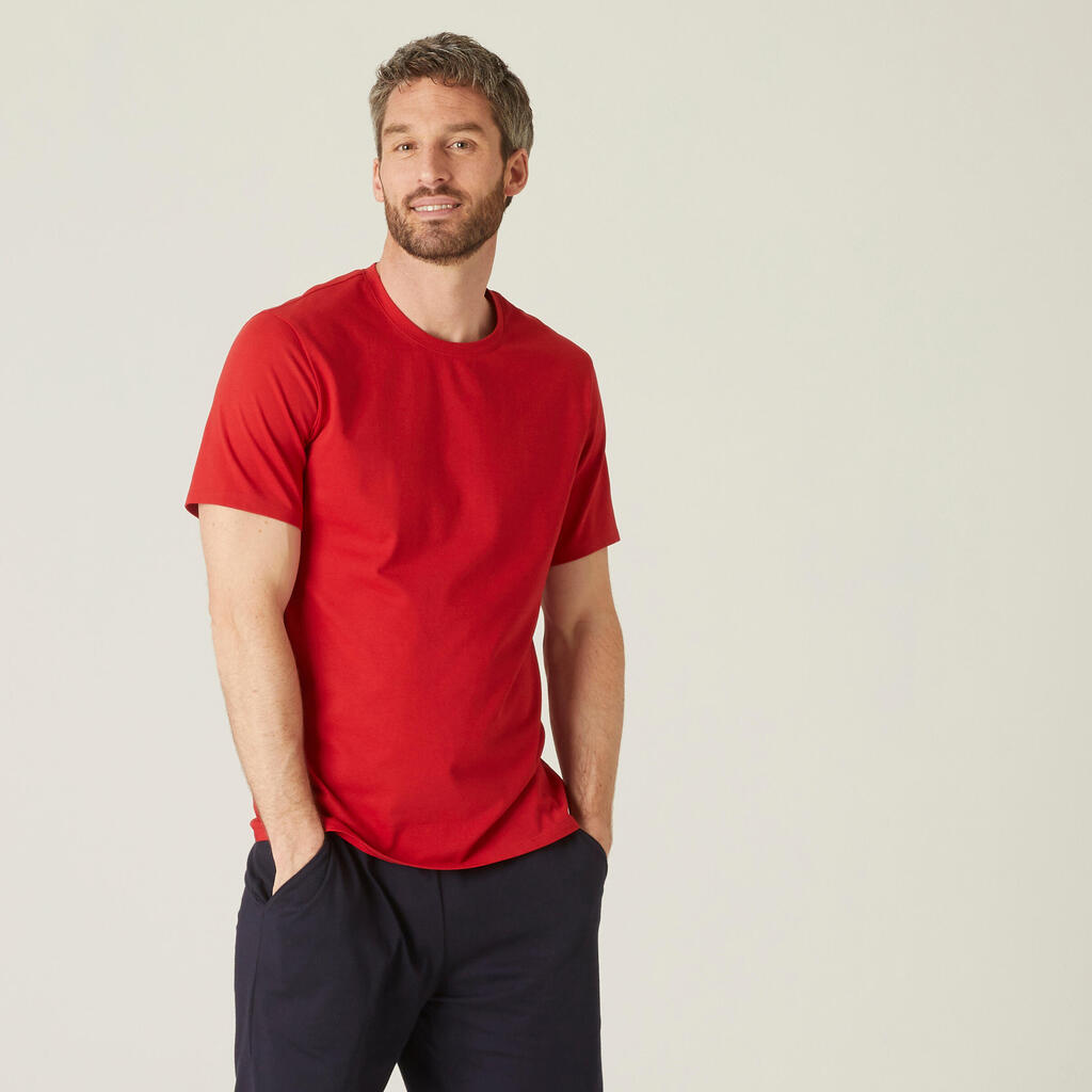 Men's short-sleeved straight-cut crew neck cotton fitness t-shirt 500 - red